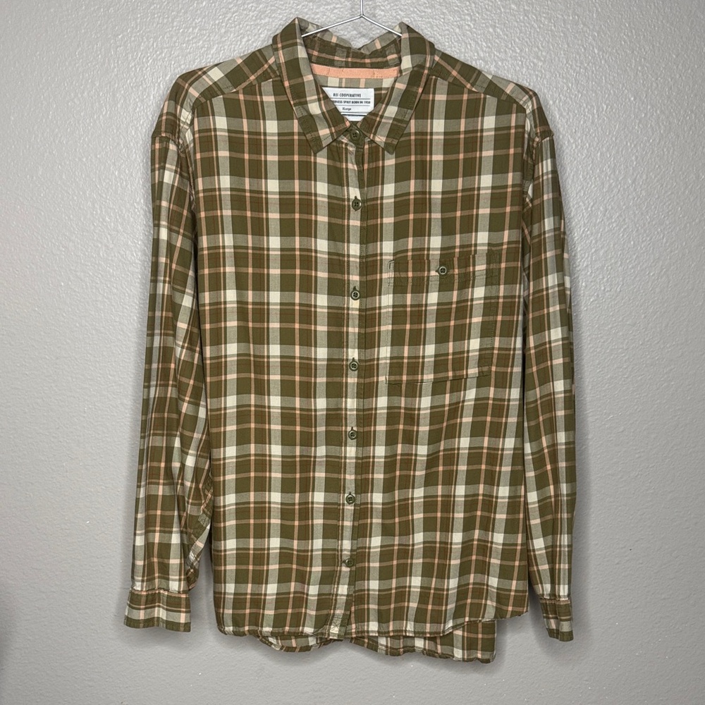 Cooperative 100% Cotton Olive and Cream Plaid Button Down Shirt Men’s XL